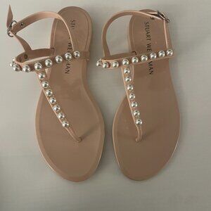 Stuart Weitzman "Goldie" Pearl-Studded Jelly Sandals, Blush and Size 9